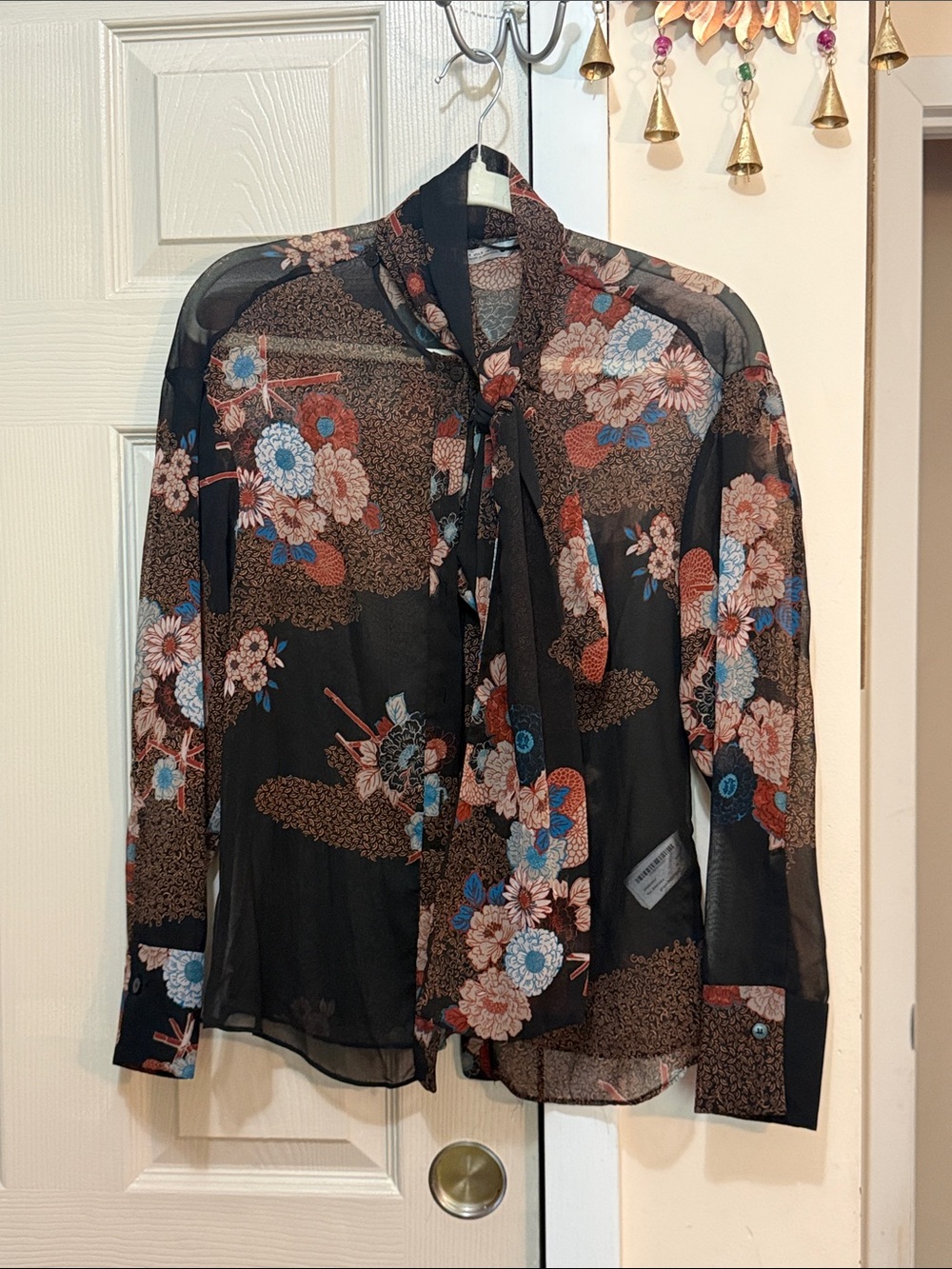 Zara Black Sheer Floral Tie-Neck Blouse with Blue and Rust Accents